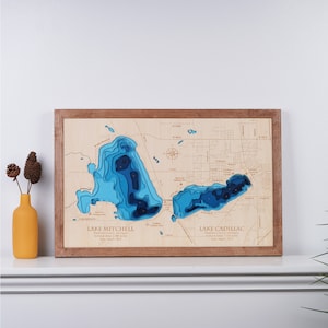 Lake Mitchell Lake Cadillac Michigan houten kaart 3D Custom Lake, Island, Coast kaart Bathymetrische kaart, Cabin House Wall Art, kerstcadeaus