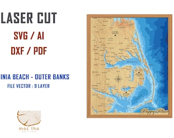 Digital File PDF, SVG - Virginia Beach To Outer Banks Bathymetric Depth Layers SVG File, Layered Vector, Laser Cut File, wedding gift,