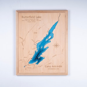 3D WOOD-kaart Butterfield Lake New York | Bathymetrische en topografische kaart | Cabin House muurkunst, housewarming, kerstcadeaus