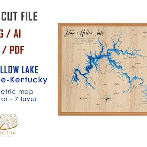 May include: Laser cut file of a bathymetric map of Dale Hollow Lake in Tennessee and Kentucky. The map is on a wooden background with a compass rose and the lake's name and details. The file is available in SVG, AI, DXF, and PDF formats. The file is a vector file with 7 layers.