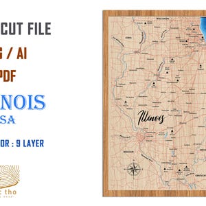 Digitale Datei PDF, SVG - Illinois State Karte, Bathymetrische Tiefe Schichten SVG-Datei, Schicht Vektor, Laser geschnitten Datei, Hochzeitsgeschenk,
