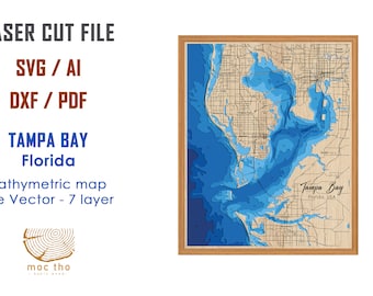 Archivo digital PDF, SVG - Capas de profundidad batimétrica de Tampa Bay, Florida Archivo SVG, Vector en capas, Archivo cortado con láser, regalo de boda