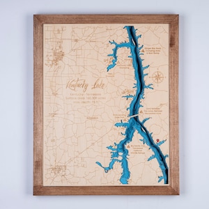 Houten kaart Kentucky meer 3D Custom kaart meer, eiland en kust Bathymetrische kaart, Cabin House Wall Art, kerstcadeaus