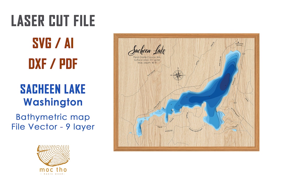 Digital File PDF SVG Sacheen Lake Washington Bathymetric Etsy
