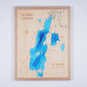Lake Couchiching Ontario houten kaart 3D Custom kaart meer, eiland, kust bathymetrische kaart, Cabin House kunst aan de muur, kerstcadeaus