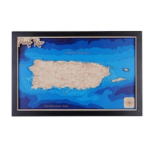 Ilha de Porto Rico 3D madeira personalizar mapa batimático, presente de inauguração de casa de lago personalizado, decoração de casa de praia, mapa de pesca | presente de casamento