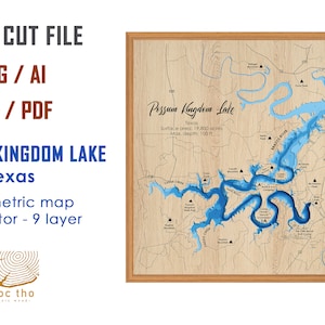 May include: A laser cut map of Possum Kingdom Lake in Texas. The map is made of wood and shows the lake's depth contours in blue. The map is framed in a light wood frame. The text "Possum Kingdom Lake" and "Texas" is visible on the map. The text "Surface area: 19,800 acres" and "Max. depth: 100 ft" is also visible on the map.