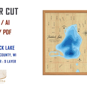 Digital File PDF, SVG - Paddock Lake Wisconsin Bathymetric Depth Layers SVG File, Layered Vector, Laser Cut File, wedding gift,