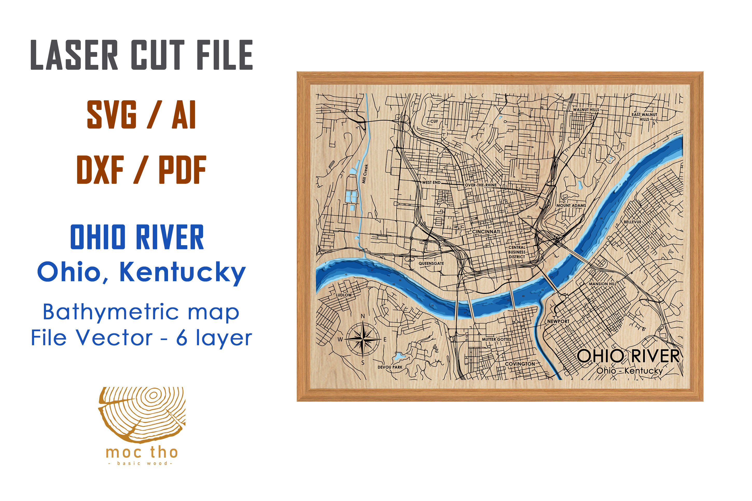 Ohio Layered Map Digital File PDF, SVG - Ohio River Ohio Kentucky, Bathymetric Depth ...
