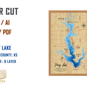 Könnte beinhalten: Eine lasergeschnittene Holzkarte des Perry Lake im Jefferson County, Kansas. Die Karte zeigt die Tiefenkonturen des Sees in Blau, mit dem Namen des Sees und Standortinformationen darunter gedruckt. Die Karte ist in einem hellbraunen Holzrahmen gerahmt.