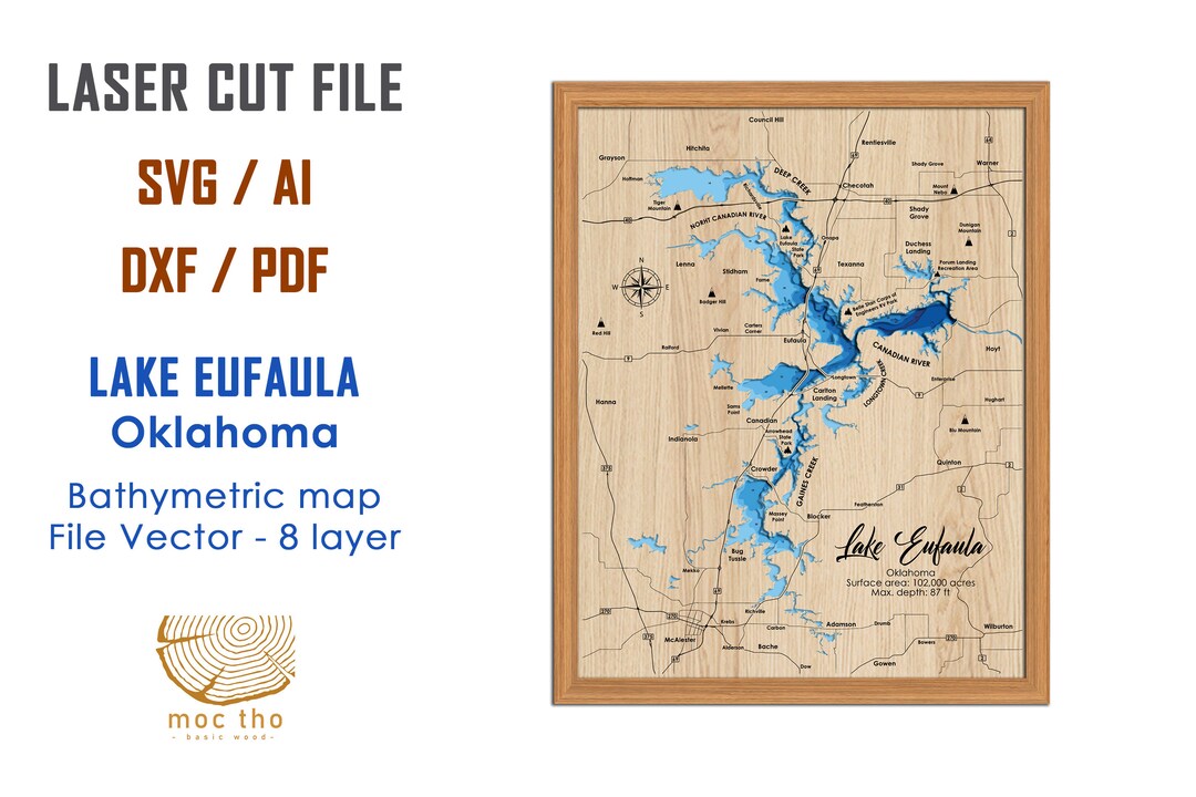 Digital File PDF, SVG Lake Eufaula Oklahoma, Bathymetric Depth Layers