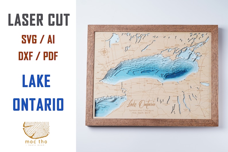 Digital File DXF, AI, SVG - Lake Ontario Map Wood Bathymetric Map ...