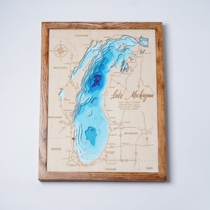 Lake Michigan, Verenigde Staten Aangepaste kaart hout bathymetrisch 6 tot 10 laag, Meerlaagse kaart, Cabin House Wall Art | Inwijdingsfeest, kerstcadeaus