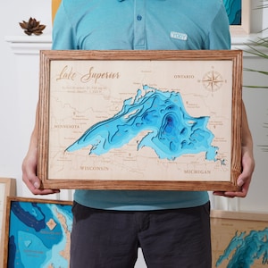 Lake Superior 3D Hout 8 lagen, Grote Meren- Aangepaste kaart hout bathymatrische kaart, Aangepaste meerkaart, lasergegraveerde muurkunst, housewarming cadeau