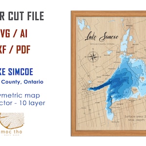 Digital File PDF, SVG Lake Simcoe Ontario, Bathymetric Depth Layers SVG File, Layered Vector, Laser Cut File, wedding gift, image 1