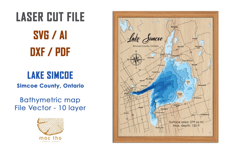 Digital File PDF, SVG Lake Simcoe Ontario, Bathymetric Depth Layers SVG File, Layered Vector, Laser Cut File, wedding gift, image 1