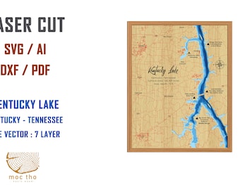 Puede incluir: Mapa de Kentucky Lake, Kentucky y Tennessee cortado con láser. El mapa está en un marco de madera y muestra el lago en azul, con la tierra circundante en marrón. El texto "Kentucky Lake" está escrito en cursiva en el mapa. El texto "Kentucky - Tennessee" y "Surface area: 160,309 acres" también está escrito en el mapa.