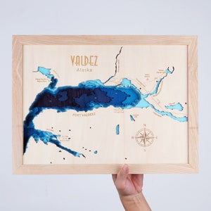 Valdez stad Alaska houten kaart 3D Custom kaart meer, eiland, kust bathymetrische kaart, Cabin House kunst aan de muur, kerstcadeaus