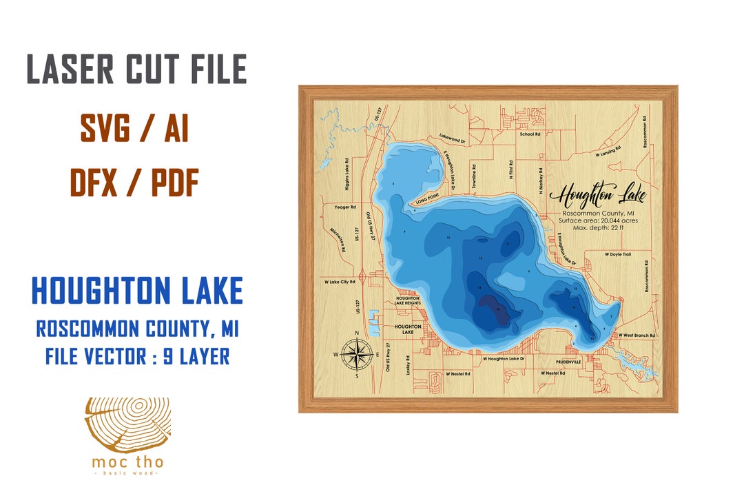 Digital File PDF, SVG Houghton Lake Michigan Bathymetric Depth Layers