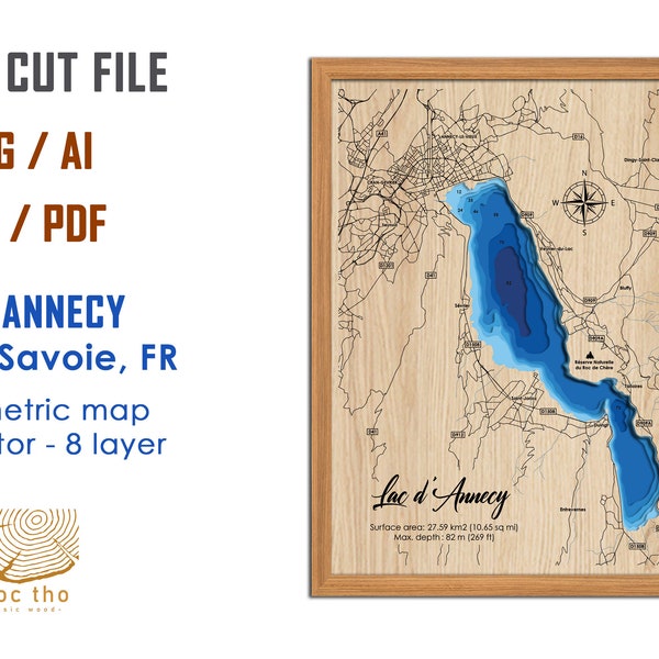 Fichier numérique PDF, SVG - carte du lac d'Annecy France, fichier SVG de couches de profondeur bathymétrique, vecteur de couches, fichier découpé au laser, cadeau de mariage,