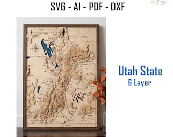 Digital File PDF, SVG - Utah State Bathymetric map Depth Layers SVG File, Layered Vector, Laser Cut File, wedding gift,