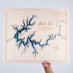 Laurel River Lake Kentucky mappa in legno 3D Lago personalizzato, Isola, Mappa della costa Mappa batimetrica, Cabin House Wall Art, Regali di Natale