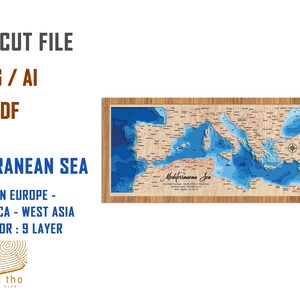 Digitale Datei PDF, SVG - Mittelmeer Bathymetrische Tiefe Schichten SVG-Datei, Schicht Vektor, Laser geschnitten Datei, Hochzeitsgeschenk
