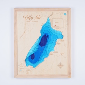 Cultus Lake, British Columbia houten kaart 3D Custom kaart Lake, Island, Coast Bathymetrische kaart, Cabin House Wall Art, kerstcadeaus