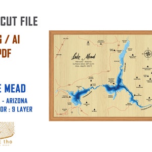 File digitale PDF, SVG - Mappa Lake Mead Nevada Arizona Batimetrica profondità strati File SVG, Vettore a strati, File tagliato al laser, regalo di nozze,