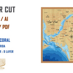 Digitaal bestand pdf, SVG - Fort Myers Florida kaart bathymetrische dieptelagen bestand, gelaagde vector, lasergesneden bestand, huwelijkscadeau,