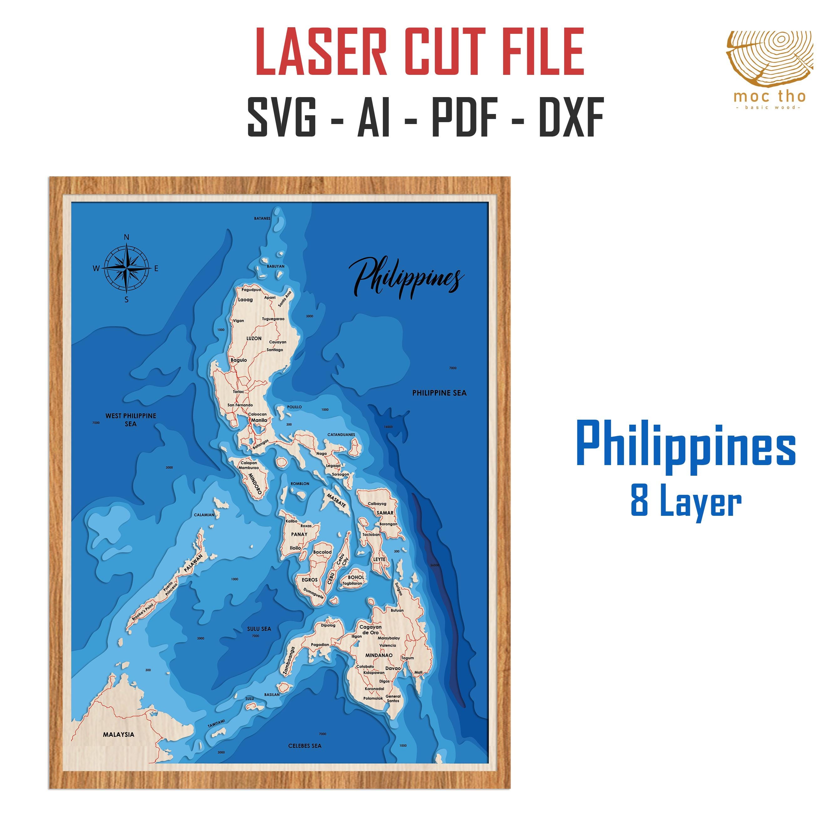 Digital File PDF, SVG - Philippines Country Map Bathymetric Depth Layers SVG File, Layered Vector, Laser Cut File, wedding gift