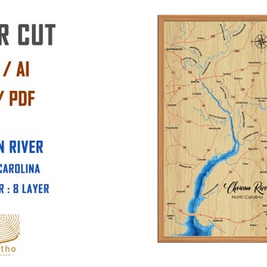 May include: Laser cut map of the Chowan River in North Carolina. The map is made of wood and has a blue water feature. The map is framed in a light brown wood frame. The text "Chowan River North Carolina" is printed on the map.