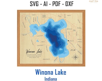Digital File PDF, SVG - Winona Lake Indiana La Bathymetric Depth Layers SVG File, Layered Vector, Laser Cut File, wedding gift