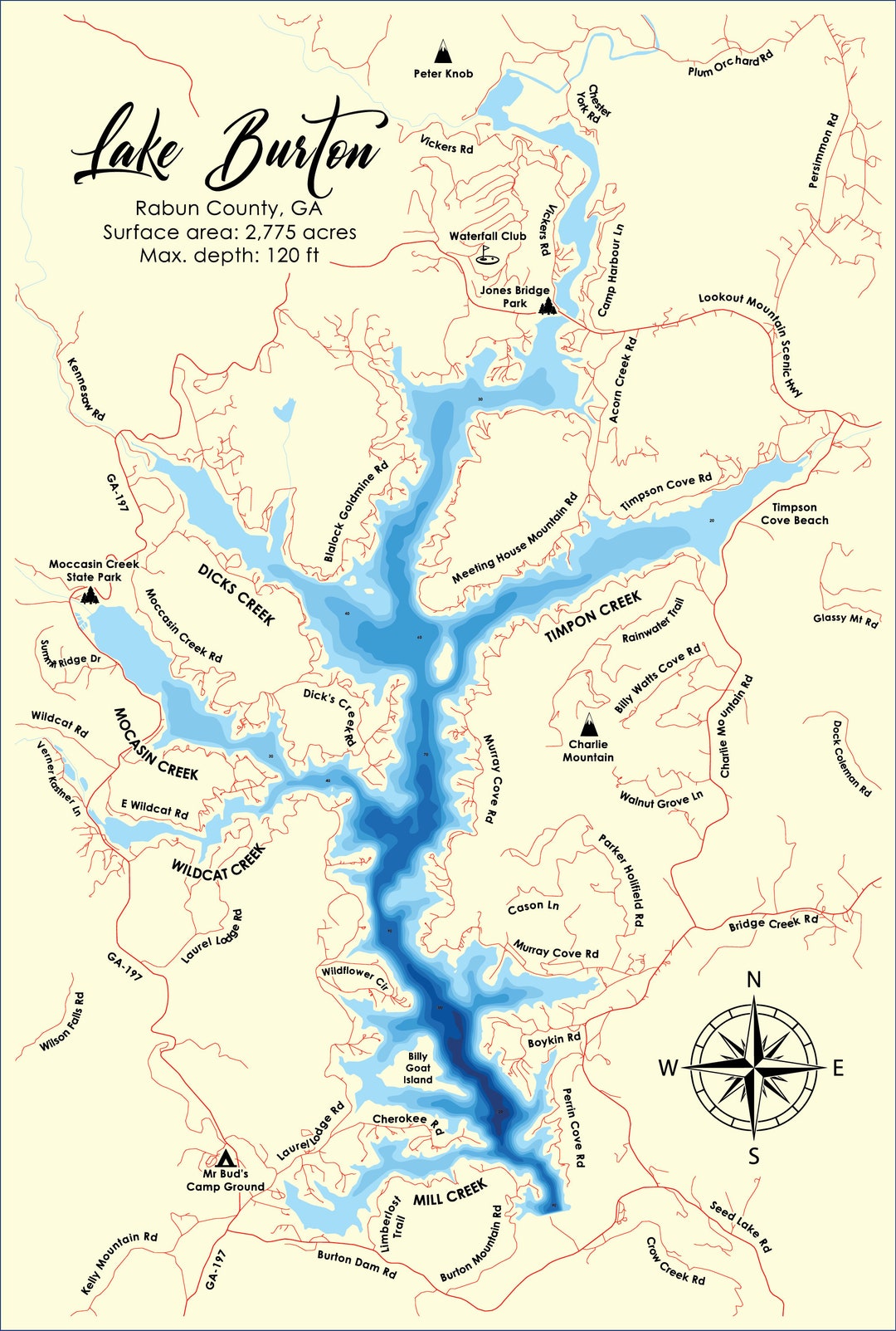 Digital File PDF SVG Lake Burton Map Bathymetric Etsy