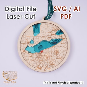 Archivo digital SVG - Adorno personalizado de madera del lago Erie de 6 pulgadas cortado con láser para Navidad, regalo de inauguración de la casa, adorno para el nuevo hogar, regalo de Navidad, cabaña