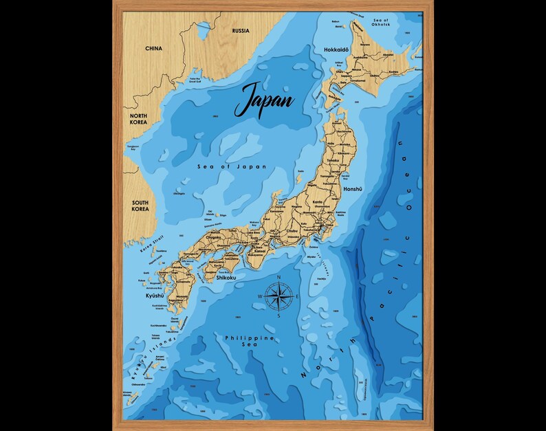 Japan Map Stack Digital File PDF, SVG - Japan Map Bathymetric Depth Layers File ...