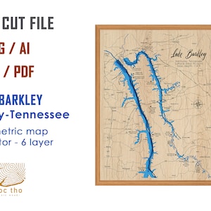 Archivo digital PDF, SVG - Mapa del lago Barkley Kentucky Capas de profundidad batimétrica Archivo SVG, Vector en capas, Archivo cortado con láser, regalo de boda,