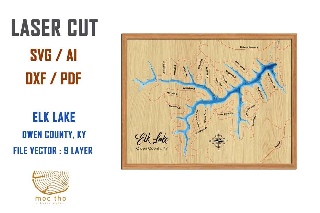 Digital File PDF, SVG Elk Lake Owenton Kentucky Map Bathymetric Depth