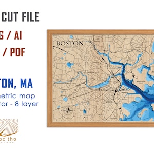 Archivo digital PDF, SVG - Boston Massachusetts, Archivo SVG de capas de profundidad batimétrica, Vector en capas, Archivo cortado con láser, regalo de boda,