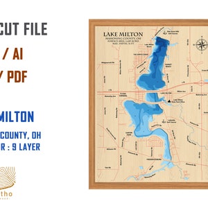 May include: A laser cut file of Lake Milton, Mahoning County, Ohio. The file includes a detailed map of the lake with depth contours and surrounding roads. The file is available in SVG, AI, DFX, and PDF formats. The file vector is 9 layers.