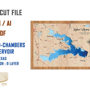 May include: A laser cut file of Richland-Chambers Reservoir in Texas. The map shows the lake and surrounding area with a compass rose and the text "Richland-Chambers Reservoir, Texas, Surface area: 21,216 acres, Max depth: 75 ft".