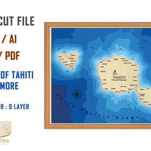 Archivo digital PDF, SVG - Islas de Tahití y Morea Mapa Capas de profundidad batimétrica Archivo SVG, Vector en capas, Archivo cortado por láser, regalo de boda