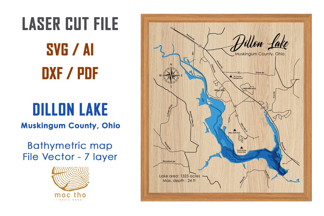 Digital File PDF SVG Dillon Lake Ohio Bathymetric Depth Etsy