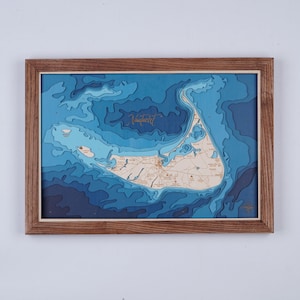 Nantucket Island in Massachusetts houten kaart 3D Custom Lake, Island, Coast kaart Bathymetrische kaart, Cabin House Wall Art, kerstcadeaus