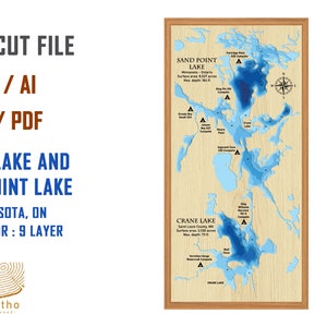 Digital File PDF, SVG - Crane Lake and Sand Point Lake  map Bathymetric Depth Layers SVG File, Layered Vector, Laser Cut File, gift