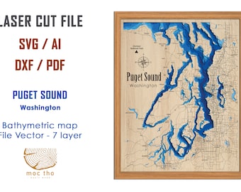 Digital File PDF, SVG - Puget Sound, Bathymetric Depth Layers SVG File, Layered Vector, Laser Cut File, wedding gift,