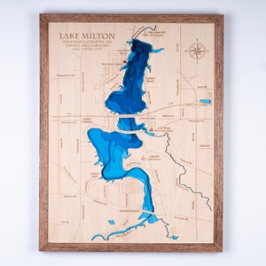 Houten kaart Lake Milton, Ohio, 3D-aangepaste kaart Lake, Island, Coast Bathymetrische kaart, Cabin House Wall Art, kerstcadeaus