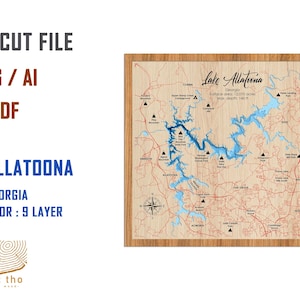 Digital File PDF, SVG - Lake Allatoona Georgia Bathymetric Depth Layers SVG File, Layered Vector, Laser Cut File, wedding gift,