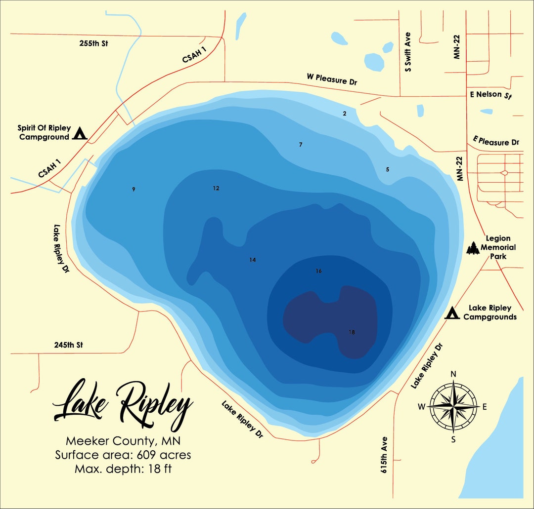 Digital File PDF, SVG Lake Ripley Litchfield Mn Bathymetric Depth