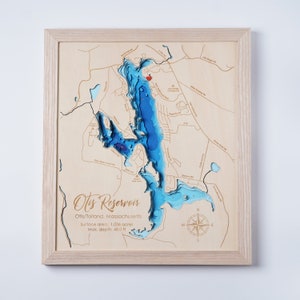 Otis Reservoir, Massachusetts - Custom Lake 3D map | Bathymetric & Topographic map | Cabin House Wall Art, Housewarming, Father's Day gifts